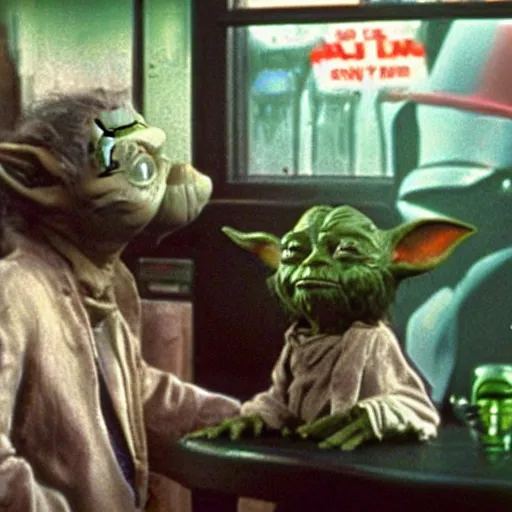 Prompt: 3 5 mm film slide of steven spielberg directed scene of a yoda smoking a bong inside a yoda themed bong and weed shop.