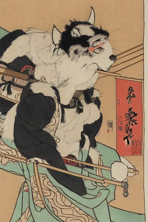 Prompt: a little - known commission from a famous ukiyo - e artist depicts the fursona of tokugawa ieyasu, furry shogun, tokugawa era watercolor illustration