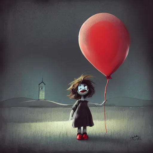 Prompt: grunge cartoon landscape sketch of bilie eilish with a wide smile and a red balloon by - michal karcz, loony toons style, pennywise style, mona lisa style, horror theme, detailed, elegant, intricate