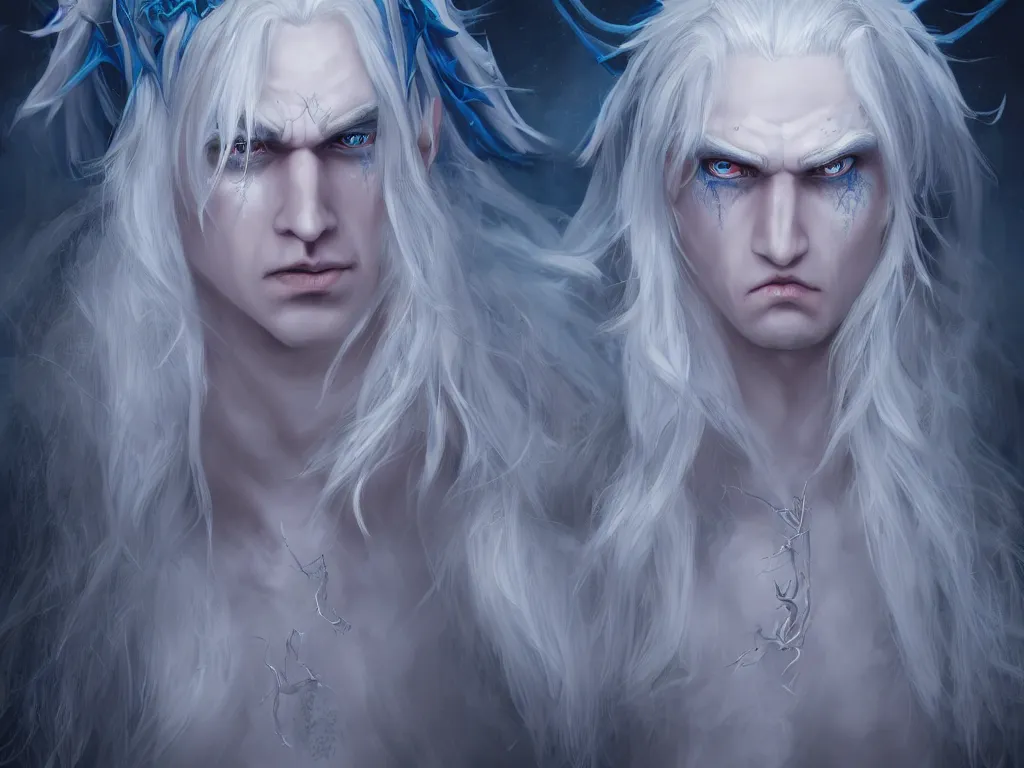 Image similar to the frightening archfey called'the prince of frost ', full - body portrait, fantasy, white hair, blue skin, wild eyebrows, young adult, elf, crown, hard edges, soft lighting, professional lighting, trending on artstation