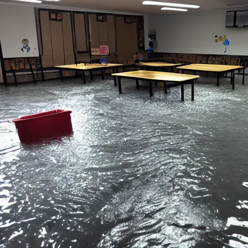 Prompt: photo of a classroom, the floor is flooded with one meter deep water