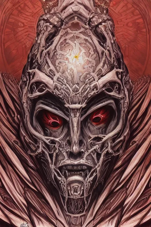 Image similar to Elden Ring and Star Wars themed painting of majestic crimson biomechanical satanic infernal demon human hybrid beautiful undead angel symmetrical angry mask closeup face angry mask closeup tattoo pattern golden ratio concept, Neo-Gothic concept, infinity glyph waves, intricate artwork masterpiece, very coherent artwork, cinematic, full frontal facial features by Artgerm, art by H.R. Giger, Takato Yamamoto, Zdizslaw Beksinski, Johnatan Wayshak, Moebius, Ayami Kojima, very anatomically coherent artwork, trending on cgsociety, ultra high quality model, production quality cinema model, high detail chromatic ink outline, octane render, unreal engine 8k, hyper realism, high detail, octane render, unreal engine, 8k, High contrast