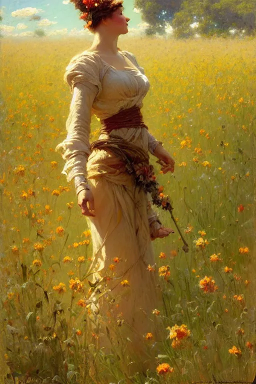 Image similar to attractive woman in flower field, painting by gaston bussiere, craig mullins, j. c. leyendecker, ghibli style