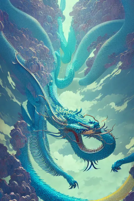 Image similar to a beautiful hyperdetailed character design 4 k wallpaper illustration of a huge cyan dragon, victo ngai style, from china, style of studio ghibli, makoto shinkai, raphael lacoste, louis comfort tiffany, denoise, deblurring, artgerm, xision, james jean, ross tran, chinese style