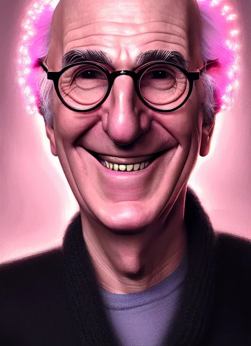 Prompt: portrait of larry david, realistic, skinny, smile, ugly, defined jawline, big chin, pink hair bow, intricate, elegant, glowing lights, highly detailed, digital painting, artstation, sharp focus, illustration, art by wlop, mars ravelo and greg rutkowski