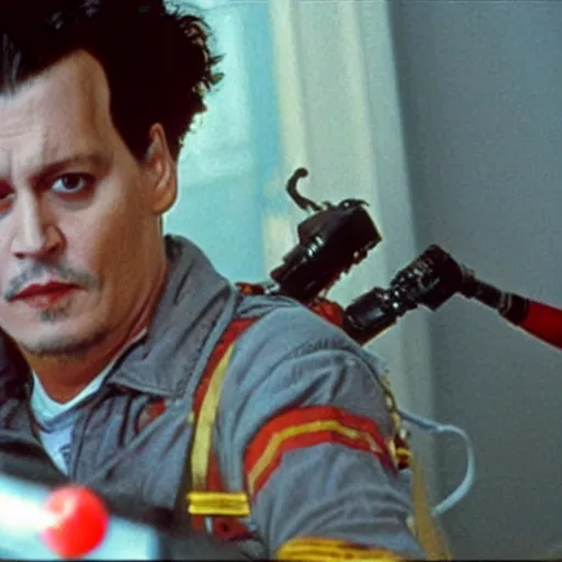 Prompt: Johnny Depp as a Ghostbuster in the movie Ghostbusters