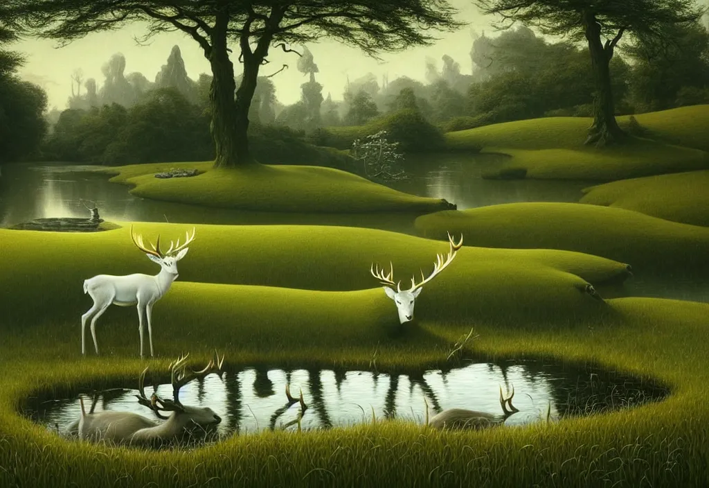 Image similar to hyper detailed 3d render like a Oil painting - white stag drinking from a pond in a peaceful lush meadow, by Jacek Yerka, Mariusz Lewandowski, Houdini algorithmic generative render, Abstract brush strokes, Masterpiece, Edward Hopper and James Gilleard, Zdzislaw Beksinski, Mark Ryden, Wolfgang Lettl, hints of Yayoi Kasuma, octane render, 8k