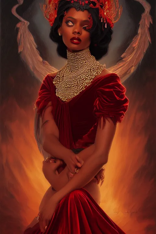 Image similar to highly detailed oil painting, red ombre velvet gown, beautiful elegant demon queen, dark deep black skin, beautiful face by leyendecker, black feathers, long hair, dozens of jeweled necklaces, by greg rutkowski, brom, anato finnstark, alphonse mucha, cinematic lighting,