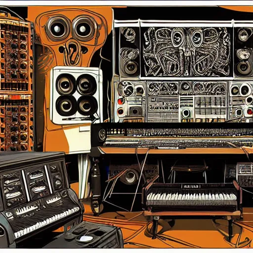 Image similar to intricate illustration of a music studio full of vintage machines and sub woofers, Giger style, jodorowsky