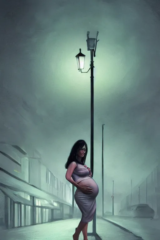 Image similar to pregnant woman under street light, highly detailed, sharp focused, ultra realistic digital concept art by Frederick Sands Brunner