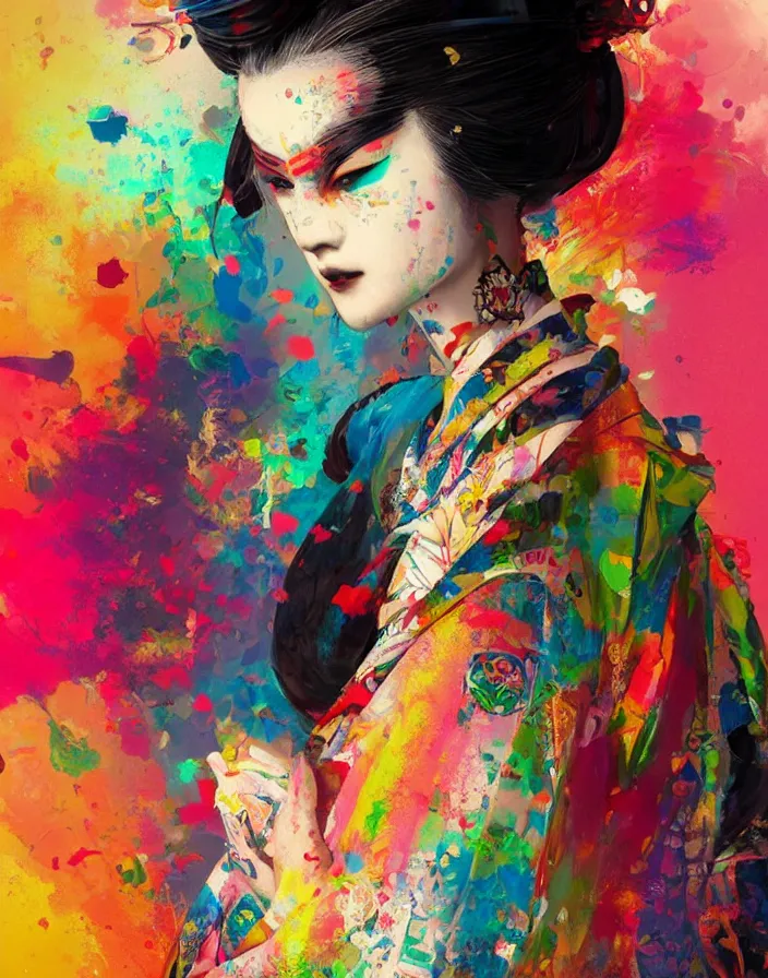 Image similar to a portrait of a geisha wearing a colorful kimono with graffiti tags, volume lighting, concept art, by greg rutkowski!!, colorful, xray melting colors!!