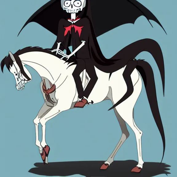 Prompt: long black hair vampire lord riding a skeletal horse, handsome, animation, studio ghibli