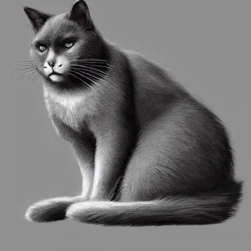 Prompt: a burly bored dark grey cat with white belly, white paws and white face markings with long fur and fluffy tail sitting, intricate, elegant, highly detailed, digital painting, artstation, concept art, matte, sharp focus, illustration, art by Artgerm and Greg Rutkowski and Alphonse Mucha