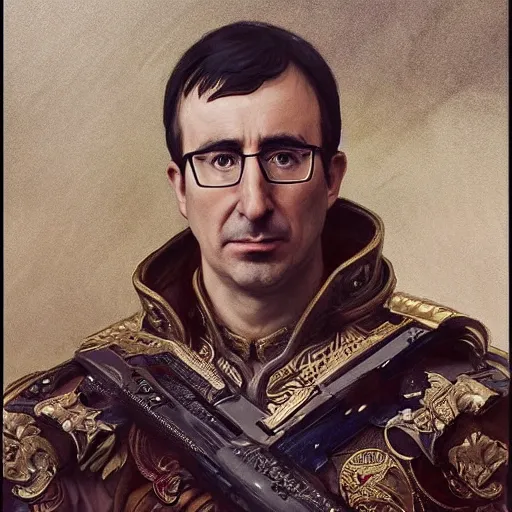 Image similar to portrait of stoic looking john oliver as the vigo carpathian painting, military uniform, fantasy, intricate, elegant, highly detailed, centered, dark, smokey, digital painting, artstation, concept art, smooth, sharp focus, illustration, art by artgerm and greg rutkowski and alphonse mucha