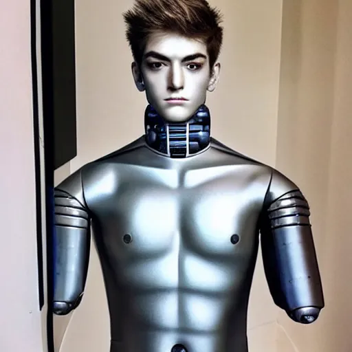 Image similar to “a realistic detailed photo of a guy who is an attractive humanoid who is half robot and half humanoid, who is a male android, twitch streamer Ninja Tyler Blevins, shiny skin, posing like a statue, blank stare, gaming room”