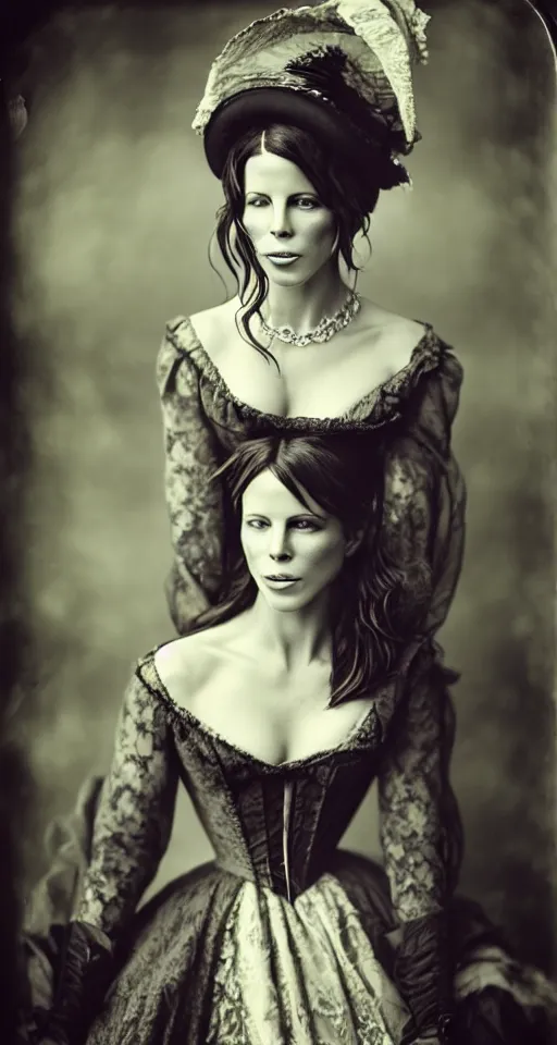 Image similar to a wet plate photograph, a beautiful portrait of Kate Beckinsale dressed in victorian era clothes