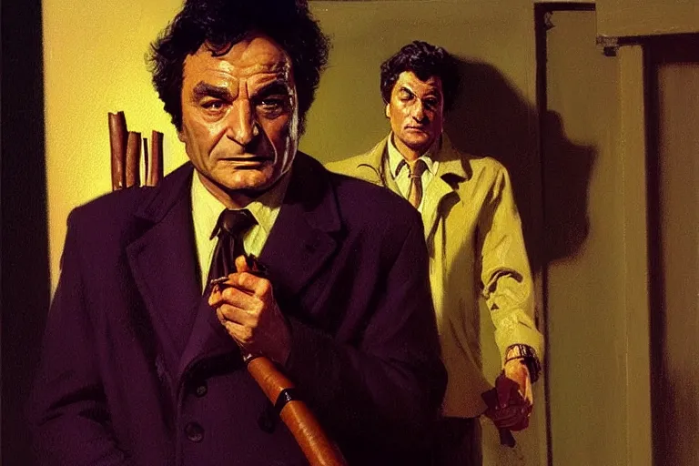 Prompt: homicide detective columbo ( peter falk ) in his messy trenchcoat, smoking a cigar while rubbing his head thinking. 1 9 8 0 s oil painting in the style of edward hopper and ilya repin gaston bussiere, craig mullins, j. c. leyendecker. warm colors. detailed and hyperrealistic. concept art