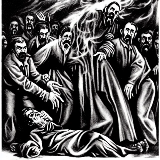 Image similar to orthodox horror icon of stalin being tortured in hell