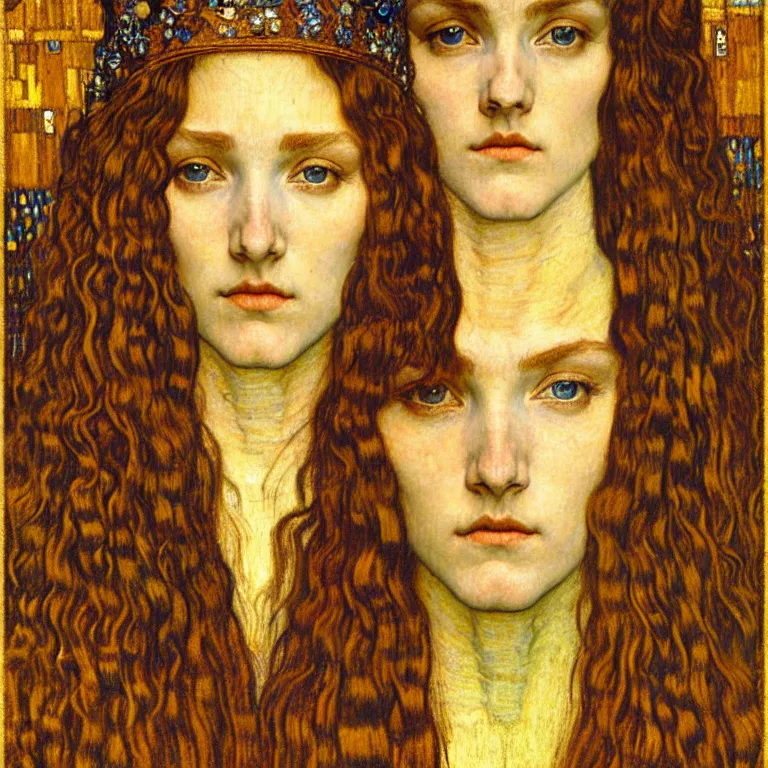 Image similar to detailed realistic beautiful young medieval queen face portrait by jean delville, gustav klimt and vincent van gogh, art nouveau, symbolist, visionary, gothic, pre - raphaelite, muted earthy colors, desaturated