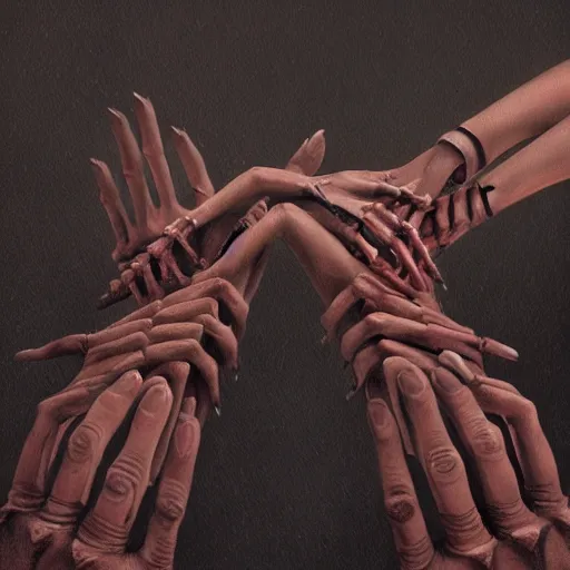 Image similar to Holding hands, vertical symmetry, close up shot, detailed hands, detailed skeleton hands, beautiful moody artwork by Greg Rutkowski and Asher Duran