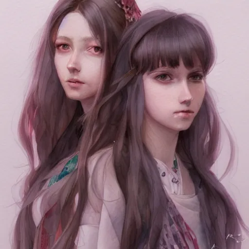 Prompt: a highly detailed portrait of sisters with purpure very very long hair, artstation, watercolor, highly detailed, portrait, by krenz cushart