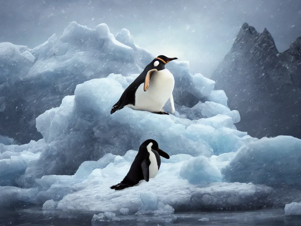 Image similar to an fluffy penguin playing on an iceberg land, blizzardy weather, ocean, ice, digital painting, artstation, concept art, soft light, hdri, smooth, sharp focus, illustration, fantasy, intricate, elegant, highly detailed, D&D, matte painting, in the style of Greg Rutkowski and Alphonse Mucha and artemisia, 8k, highly detailed, jurgens, rutkowski, bouguereau, pastoral, rustic, georgic, detailed concept art, illustration, colorful pastel, painting, detail, ultra detailed, digital art, 4K,