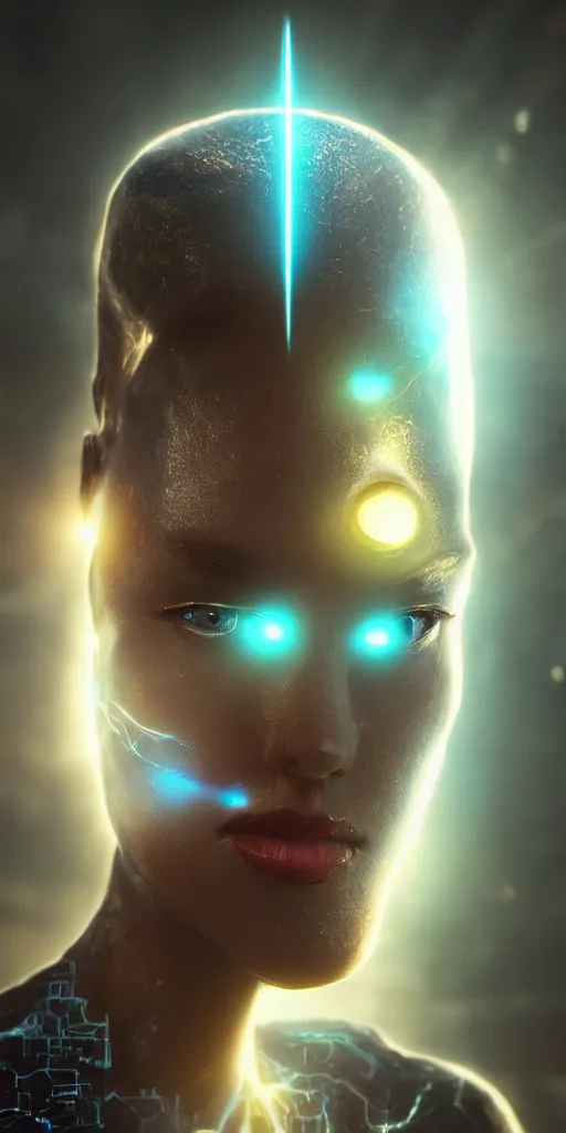 Image similar to artificial intelligence becomes alive, digital art, highly detailed, trending on artstation, lens flare, atmosphere, hyper realistic, cinematic lightning, sharp focus, extreme details perfect face, pretty face, fine - face, 8 k, ultra texture, masterpiece