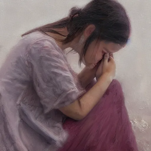 Prompt: girl sitting crying, night, cold weather, emotional oil painting, digital art, trending on artstation, by Yoshitaka Amano, highly detailed