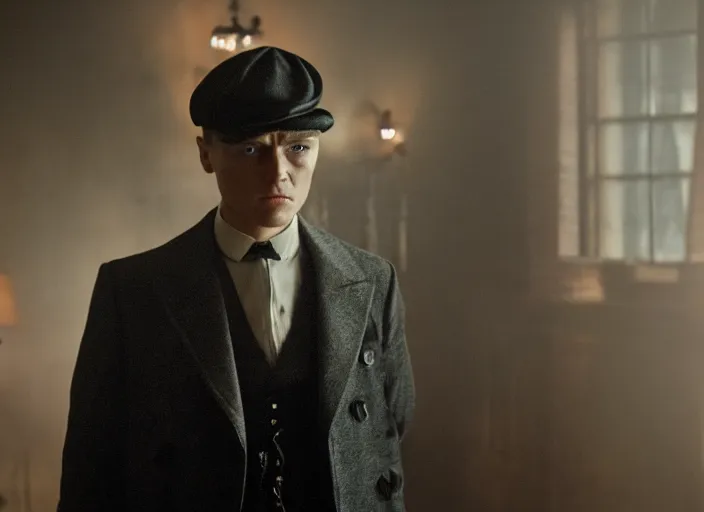 Image similar to film still of Leonardo DiCaprio as Thomas Shelby in Peaky Blinders, 4k