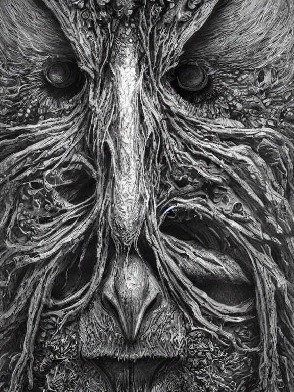 Prompt: a beautiful hyper realistic detailed matte portrait of the old owl, a strange being haunting this land from a forgotten time, lovecraftian style, dramatic lighting, dynamic lighting, cinematic lighting, by maurits cornelis escher, black and white, featured on artstation