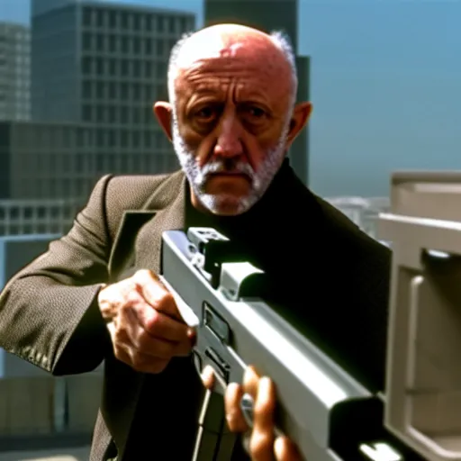 Prompt: film still of mike ehrmantraut aiming with a sniper rifle on a rooftop, 4 k, highly detailed