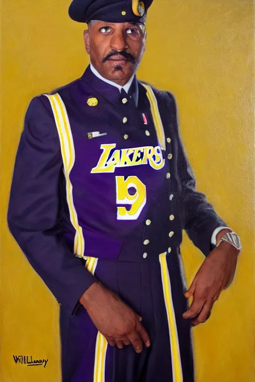 Image similar to full body portrait of the dictator of the los angeles lakers, 1 9 5 5, in full military garb, oil on canvas by william sidney mount, trending on artstation