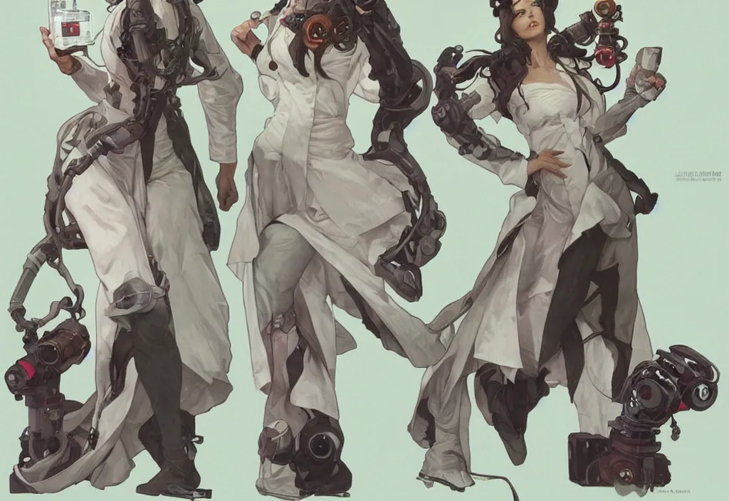 Image similar to a full body character design by artgerm, cushart krenz, greg rutkowski and alphonse mucha. mad scientist woman lab coat!! green plasma laser gun!! cyborg limbs!! sharp edges. ultra clear detailed. 8 k. ultra detailed, elegant, intricate, octane render.