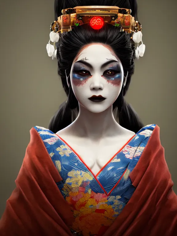 Prompt: portrait art of undead geisha 8k ultra realistic , lens flare, atmosphere, glow, detailed,intricate, full of colour, cinematic lighting, trending on artstation, 4k, hyperrealistic, focused, extreme details,unreal engine 5, cinematic, masterpiece