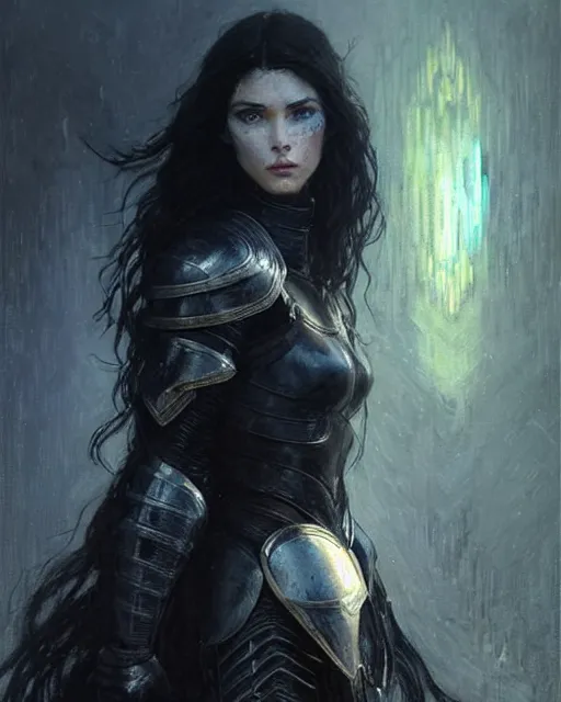 Image similar to a beautiful woman dark hair in an armor with dark eyes, perfect body, perfect face, highly detailed, elegant, dark blue, ethereal horror fantasy art by greg rutkowski and magali villeneuve and claude monet