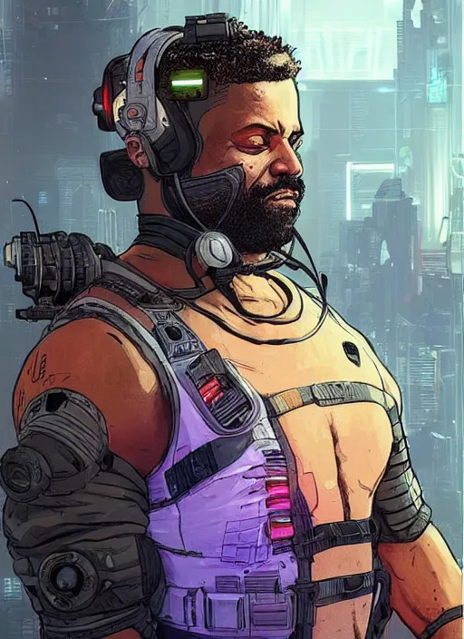 Prompt: greg. apex legends cyberpunk weight lifter. concept art by james gurney and mœbius. gorgeous face, cinematic, dramatic lighting ( cyberpunk 2 0 7 7 ), clean aesthetic