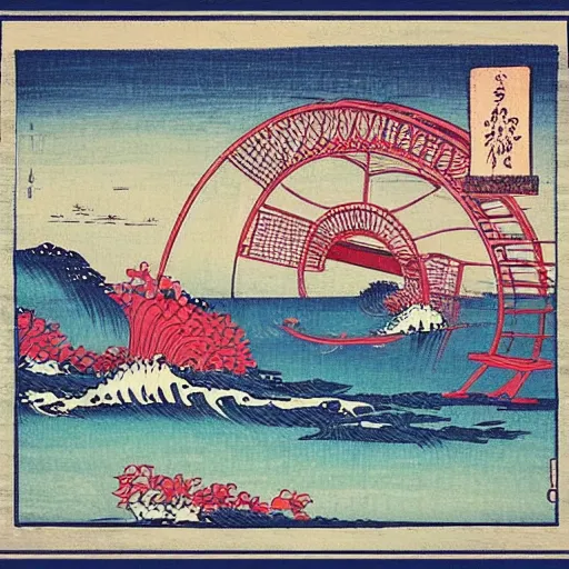 Image similar to “ west pier in brighton in the style of a woodblock print by the japanese ukiyo - e artist hokusai ”