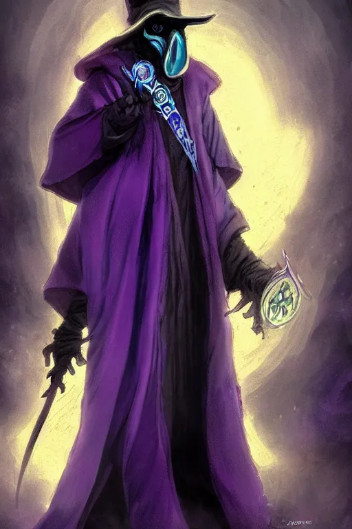 Image similar to a plague doctor with a blue wizard robes as a d & d character, blue robe, magical, blue highlights, hip hop aesthetic, purple evil aura, concept sheet, painting by gaston bussiere, demon slayer, akiri toriyama, dramatic lighting, purple lighting, anime