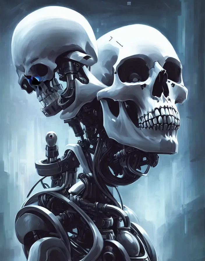 Image similar to skull - headed robot cyborg painting, illutstration, concept art, cyberpunk, futurism, comics art, artgerm, full body shot, wide angle