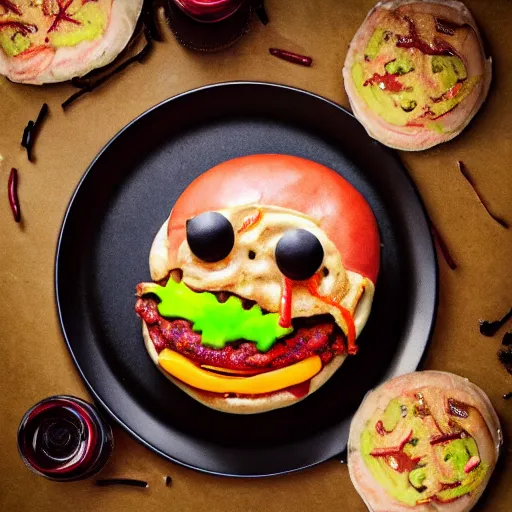 Image similar to a humanoid bipedal upright zombie that strongly resembles a hamburger, professional food photography