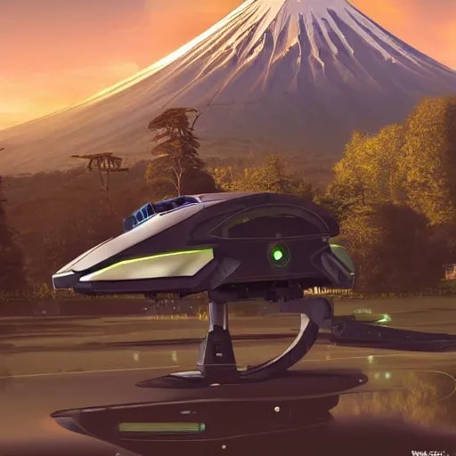 Image similar to a futuristic dieselpunk vehicle hover craft in the future of 2 0 8 9 futuristic version, cyberpunk look. digital art. trending on artstation. cyberpunk look hovering by mount fuji early in the morning with a few blossom trees around, high quality photo