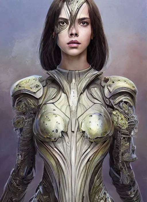 Image similar to a professional painting of a beautiful young female alien, clothed in ethereal armor, olive skin, long dark hair, beautiful bone structure, symmetrical facial features, intricate, elegant, digital painting, concept art, smooth, sharp focus, illustration, from Valerian and the City of a Thousand Planets, by Ruan Jia and Mandy Jurgens and Artgerm and William-Adolphe Bouguerea