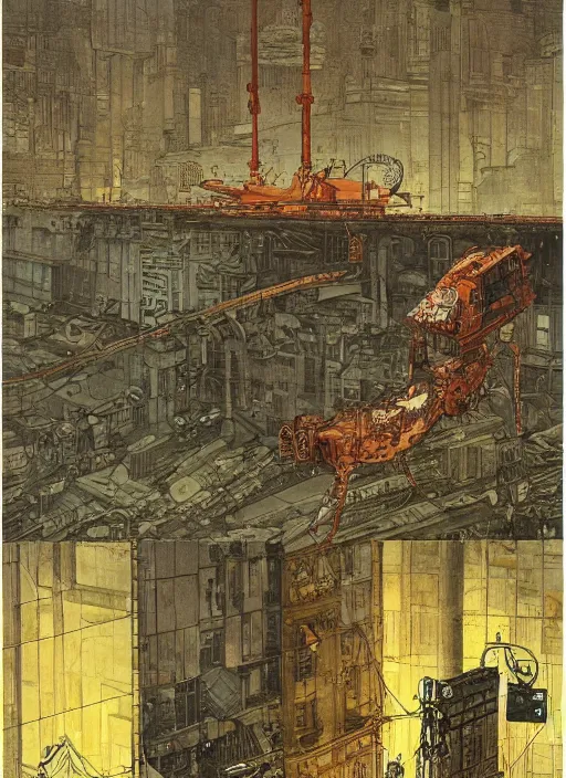 Prompt: 2 0 8 0 apocalyptic scene by shaun tan, intricate, torn paper decollage, oil on canvas by edward hopper, ( by mattias adolfsson ), by moebius