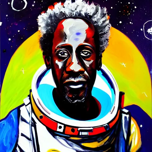 Image similar to a messy painting of Saul Williams in space.Trending on ArtStation