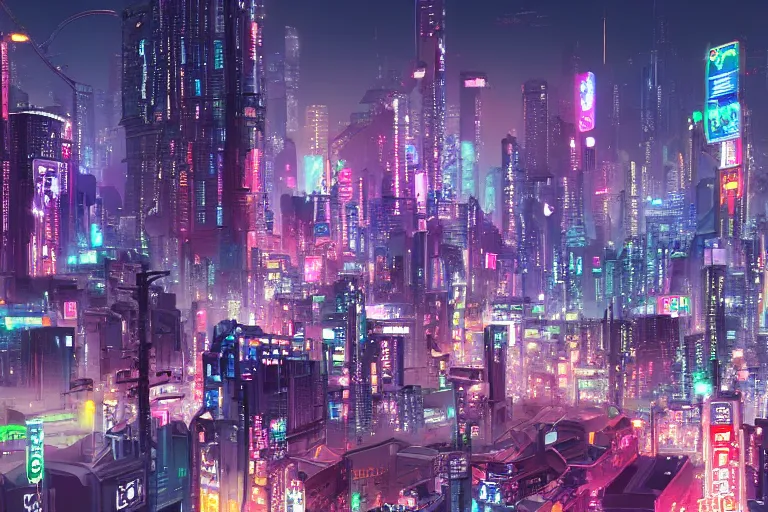 Image similar to stunning panorama of neo-tokyo, a futuristic cyberpunk city adorned with neon buildings and technology, cyberpunk art, trending on ArtStation