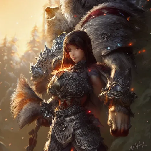 Prompt: a beautiful portrait of a cute wolf in heritage armor. intricate, epic lighting, cinematic composition, hyper realistic, 8 k resolution, unreal engine 5, by artgerm, tooth wu, dan mumford, beeple, wlop, rossdraws, james jean, marc simonetti, artstation