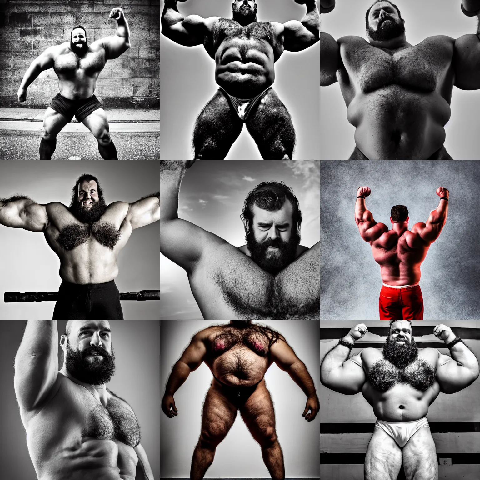 Prompt: photography of a big headless burly hairy strongman flexing
