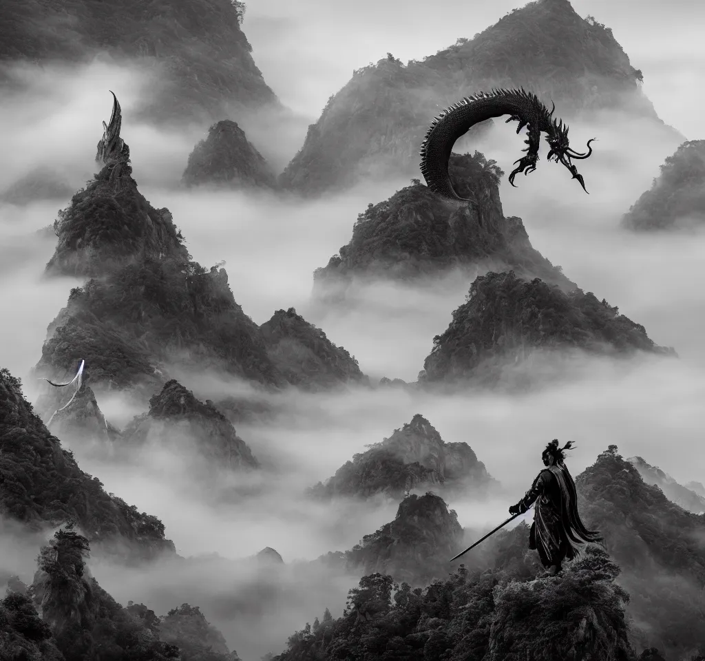 Prompt: a wuxia sword master encounters a big mythical oriental dragon on a misty mountain, 18mm f8 photography,