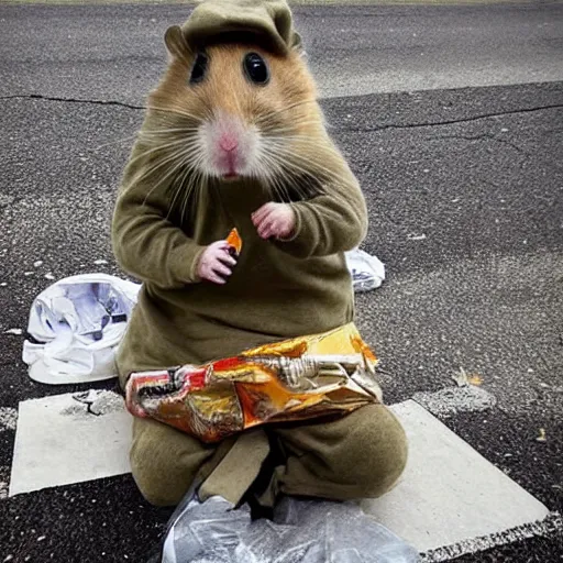 Image similar to “ hamster dressed as a homeless person sitting at an intersection with arms stretched out holding a tin can, trash on ground, sad atmosphere ”