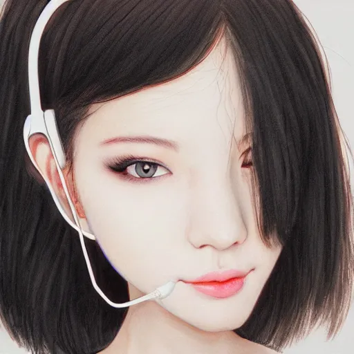 Image similar to realistic detailed semirealism beautiful gorgeous natural cute excited happy Blackpink Lalisa Manoban black hair black cat ears, wearing white camisole outfit, headphones, black leather choker artwork drawn full HD 4K high resolution quality artstyle professional artists WLOP, Aztodio, Taejune Kim, Guweiz, Pixiv, Instagram, Artstation